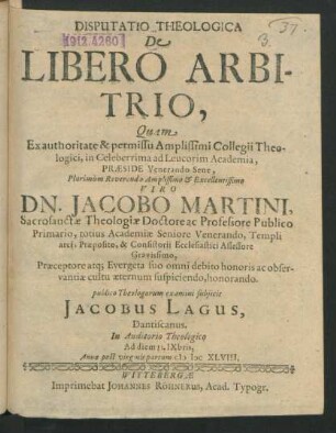 Disputatio Theologica De Libero Arbitrio