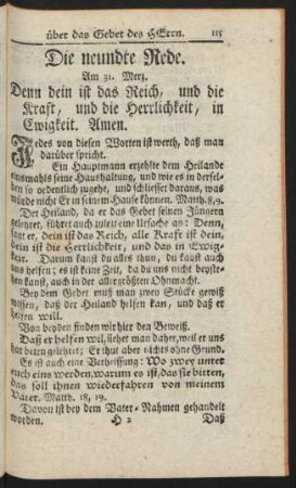 Die neundte Rede. Am 31. Merz. Denn dein ist das Reich, und die Kraft, und die Herrlichkeit, in Ewigkeit. Amen.