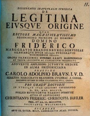 Dissertatio inauguralis iuridica de legitima eiusque origine