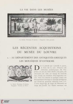 Les récentes acquisitions du Musée du Louvre : au département des antiquités Grecques les mosaïques d'Antioche