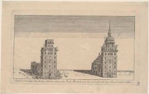 Zwei Ansichten der alten Kreuzkirche in Dresden, vor der Zerstörung durch die preußischen Truppen während des Siebenjährigen Krieges 1760 und danach, mit zerstörtem Langhaus und Turm