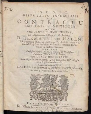 Disputatio Inauguralis De Contractu Emtionis Venditionis