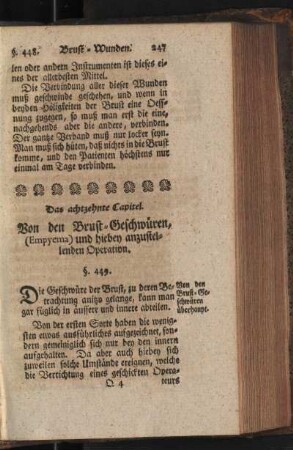 Das achtzehntes Capitel. Von den Brust-Geschwüren, (Empyema) und hiebey anzustellenden Operation