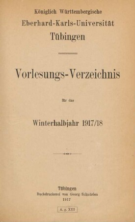 Vorlesungsverzeichnis 1917/18