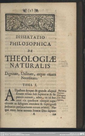 Dissertatio Philosophica de Theologiae Naturalis Dignitate, Utilitate, atque etiam Necessitate