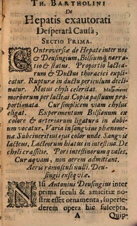 Thomae Bartholini de Hepatis Exautorati Desperata Causa : Cum praecipuis eruditae Europae Medicis Concertatio