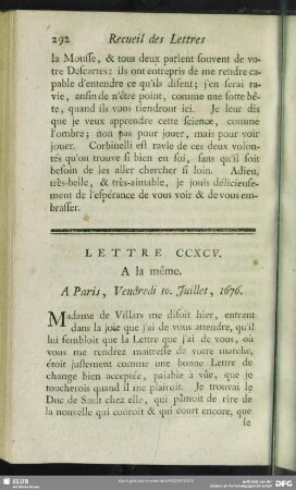 Lettre CCXCV. A la même. A Paris, Vendredi 10. Juillet, 1676