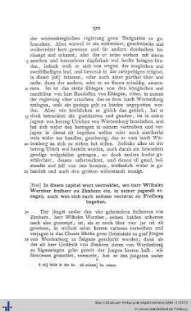 In disem capitel wurt vermeldet, wo herr Wilhalm Wernher freiherr zu Zimbern etc. in seiner jugendt erzogen, auch was sich nach seinem rectorat zu Freiburg begeben.