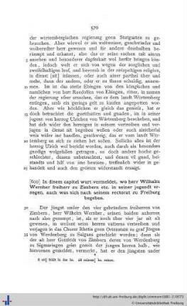 In disem capitel wurt vermeldet, wo herr Wilhalm Wernher freiherr zu Zimbern etc. in seiner jugendt erzogen, auch was sich nach seinem rectorat zu Freiburg begeben.
