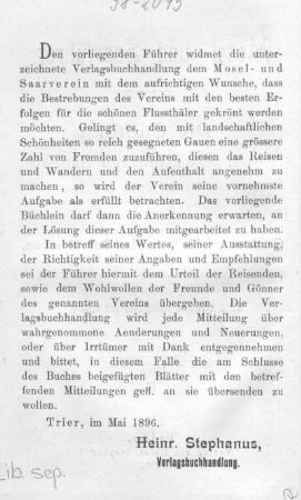Den vorliegenden Führer widmet die unterzeichnete Verlagsbuchhandlung dem Mosel- und Saarverein...