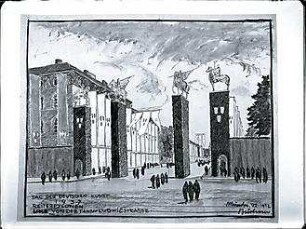 Buchner, Georg W.; München; Festdekoration zum Tag der Deutschen Kunst - Entwurf für Festdekoration Ecke Von-der-Tann-Straße - Ludwigsstraße (Ansicht)