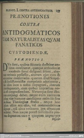 Praenotiones Contra Antidogmaticos Tam Naturalistas Quam Fanaticos Custodiendae