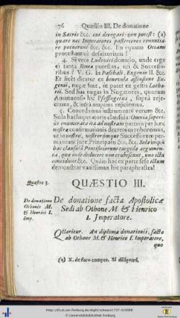 Quaestio III. De donatione facta Apostolicae Sedi ab Othone M. et Henrico I. Imperatore.