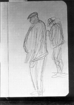 Figurenstudie zweier stehender Männer : Güstrower Taschenbuch 1912/I. Figurenstudie zweier stehender Männer (Seite 3). Bleistiftzeichnung (1912; E. Barlach). Güstrow, Heidberg 15. Atelier des Bildhauers