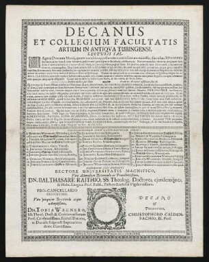 Decanus Et Collegium Facultatis Artium In Antiqva Tubingensi, Lecturis Sal.