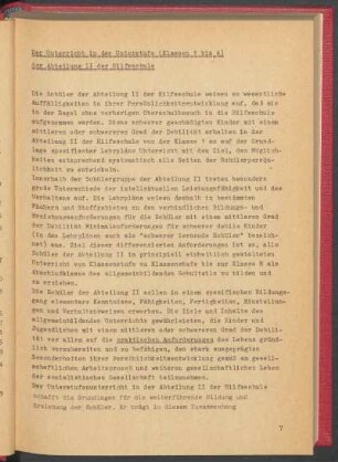 Der Unterricht in der Unterstufe (Klassen 1 bis 4) der Abteilung II der Hilfsschule