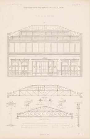 Königliche Ostbahn. Ostbahnhof, Berlin: Längsschnitt Vestibül, Details (aus: Atlas zur Zeitschrift für Bauwesen, hrsg. v. G. Erbkam, Jg. 20, 1870)