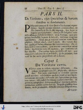 Pars II. De Veritate, ejus speciebus et harum fontibus ac fundamentis.