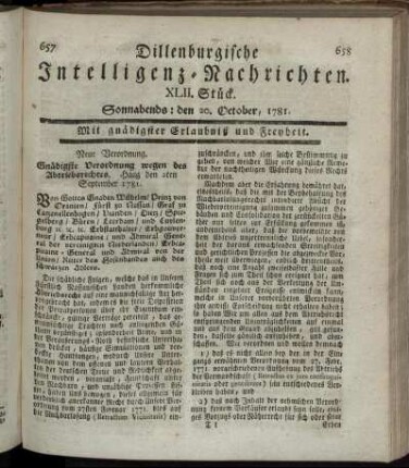 XLII. Stück. Sonnabends: den 20. October 1781.
