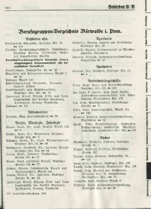Berufsgruppen-Verzeichnis Bärwalde i. Pom.