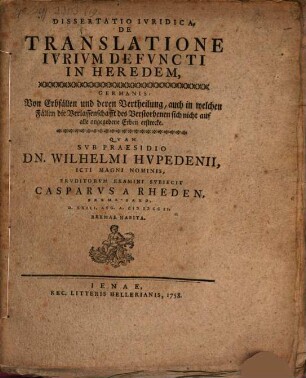 Diss. iur. de translatione iurium defuncti in heredem