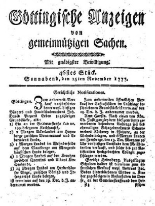46stes Stück. Sonnabend, den 15ten November 1777.