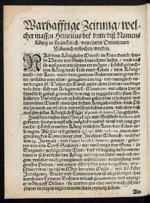 Warhafftige Zeitung/ welcher massen Heinricus der dritte diß Namens König in Franckreich/ von einem Domitianer Mönnich erstochen worden.
