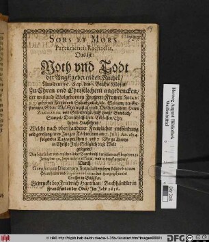 Sors Et Mors Parturientis Rachaelis. Das ist: Noth und Todt der Angstgeberenden Rachel : Aus dem 35. Cap. des 1. Buchs Mosis/ Zu Ehren und Christlichem angedencken/ der ... Frawen Susannae/ geborner Freyin von Schaffgotsch/ etc. Seligen/ des ... Herrn Zachariae von Grünebergs ... Ehelichen Haußehren/ Welche nach uberstandener Frewlicher entbindung und genesung eines Jungen Töchterleins am 7. Iulii An. 1614. folgendes Tages ... diese Welt gesegnet/ Bey herrlicher und ansehenlicher Begrebnüß derselben auff begehren zu Zetitz/ den 30. Septembris erkleret ...