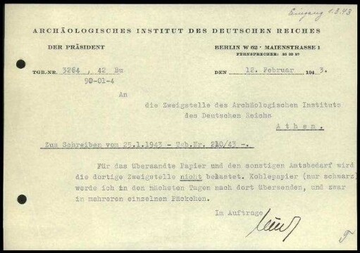 Schreiben; AIDR an DAI Athen (Bürobedarf)