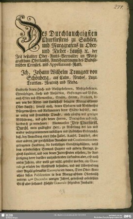 Des Durchlauchtigsten Churfürstens zu Sachßen, und Marggrafens in Ober- und Nieder-Lausitz [et] c. der Zeit bestallter Ober-Amts-Verwalter im Marggrafthum Oberlausitz, Amtshauptmann des Budißinischen Creyßes, und Appellations-Rath, ...