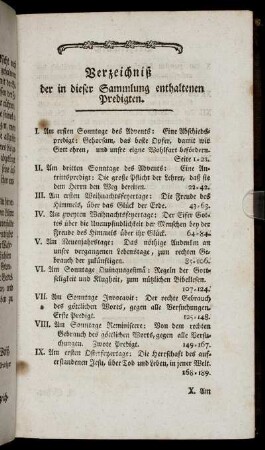 Verzeichniß der in dieser Sammling enthaltenen Predigten.
