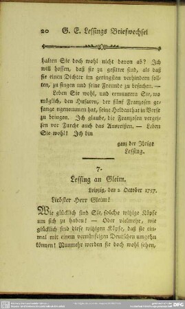 7. Lessing an Gleim. Leipzig, den 2. October 1757