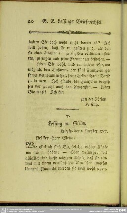 7. Lessing an Gleim. Leipzig, den 2. October 1757