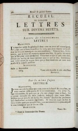 Recueil de quelques Lettres sur divers Sujets.