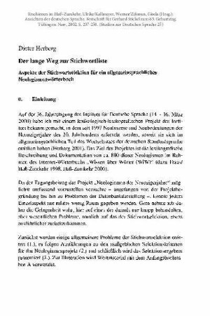 Der lange Weg zur Stichwortliste. Aspekte der Stichwortselektion für ein allgemeinsprachliches Neologismenwörterbuch