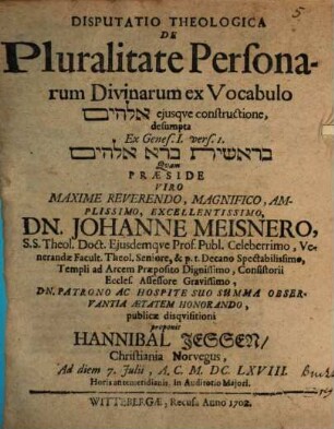 Disp. theol. de pluralitate personarum divinarum