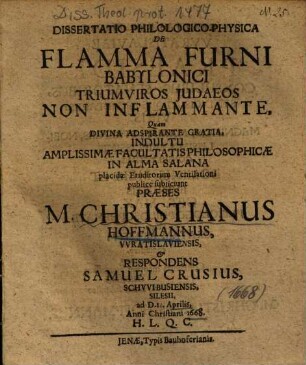 Dissertatio Philologico-Physica De Flamma Furni Babylonici Triumviros Judaeos Non Inflammante