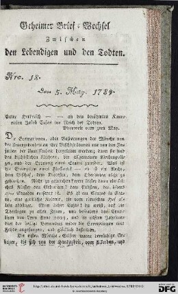 Geheimer Brief-Wechsel zwischen den Lebendigen und den Todten Nro. 18