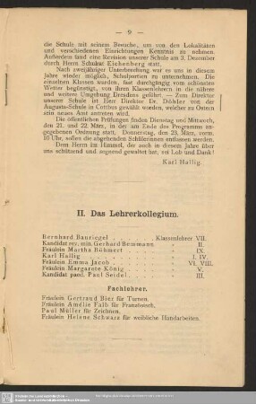 II. Das Lehrerkollegium