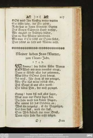 Meiner lieben Frau Mutter, zum Neuen-Jahr. 1749.