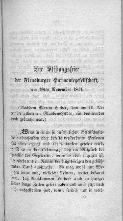 Zur Stiftungsfeier der Flensburger Harmoniegesellschaft, am 10ten November 1844.