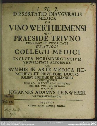 Dissertatio Inauguralis Medica De Vino Wertheimensi