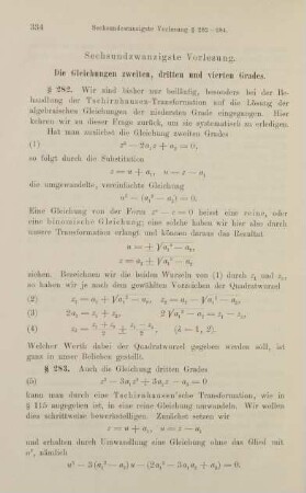 334-345, Sechsundzwanzigste Vorlesung. Die Gleichungen zweiten, dritten und vierten Grades.