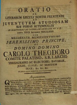Oratio de literarum saeculi nostri felicitate