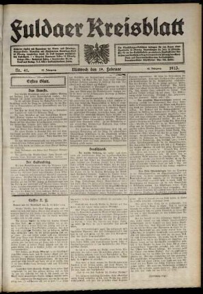 Erste Ausgabe vom Mittwoch, den 19. Februar 1913.
