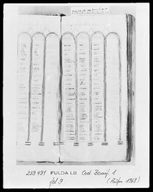 Victor-Codex, Evangelienharmonie nach Tatian; aus dem Besitz des heiligen Bonifatius — ---, Folio 8rectoKanontafel