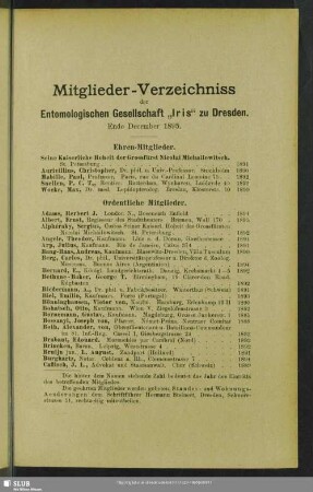 Mitglieder-Verzeichniss der Entomologischen Gesellschaft „Iris“ zu Dresden