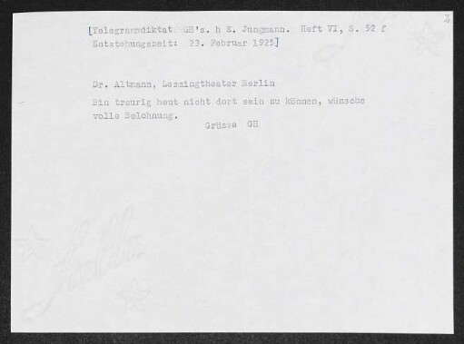 Brief von Gerhart Hauptmann an Lessing-Theater <Berlin>