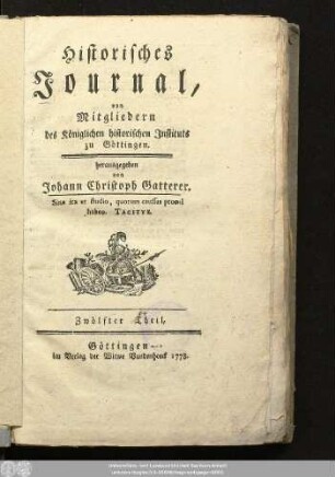 12.1778: Historisches Journal von Mitgliedern des Königlichen Historischen Instituts zu Göttingen