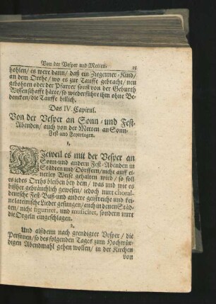 Das IV. Capitul. Von der Vesper an Sonn- und Fest-Abenden/ auch von der Mettes an Sonn- Fest- und Feyertagen.